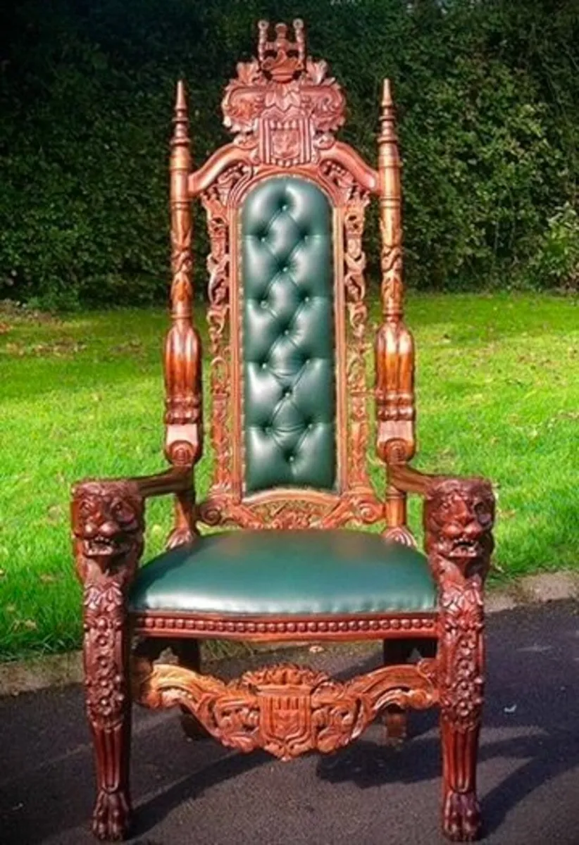 Vintage Carved Solid Wood Throne Chair with Green