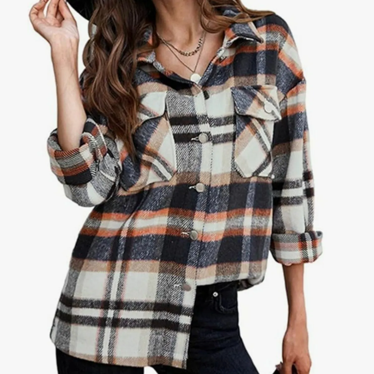 Relaxed Fit Buttons Plaid Shacket Jacket Shirt S/M - Image 2
