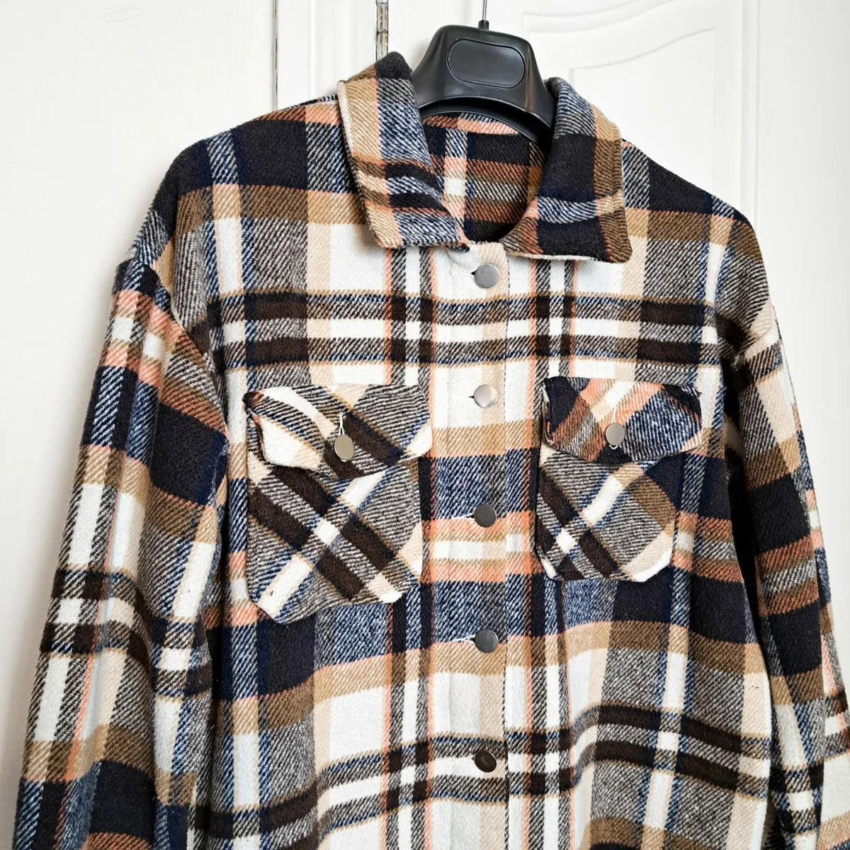 Relaxed Fit Buttons Plaid Shacket Jacket Shirt S/M - Image 4