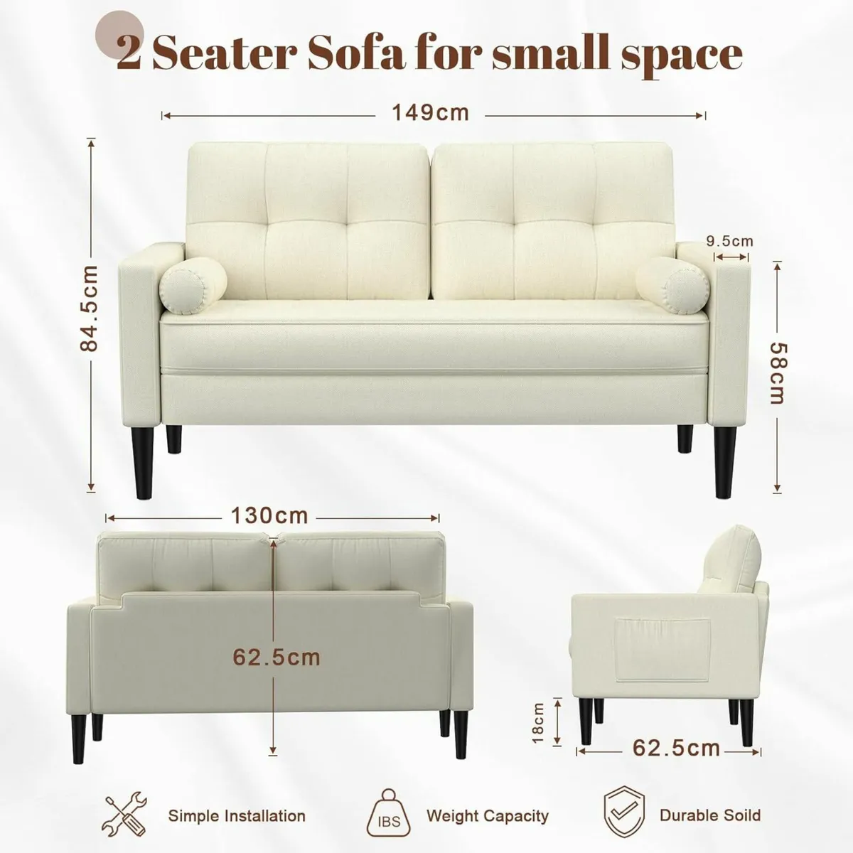 Sofa 2 Seater Couch Comfy Seat Cushion, 2 Pillows - Image 2
