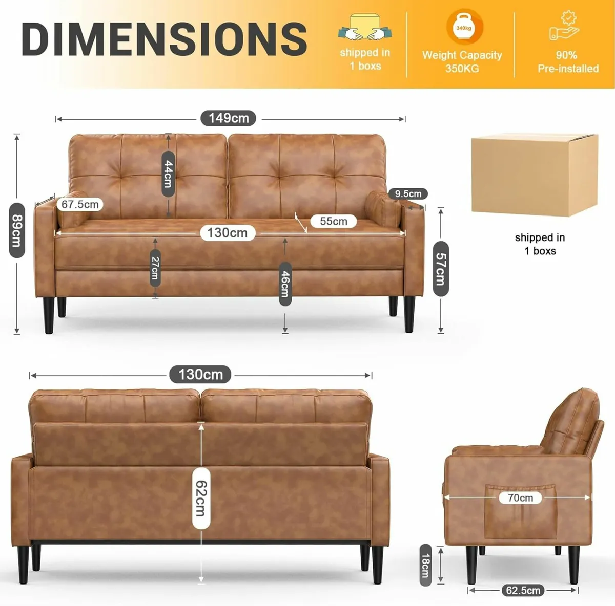 2 Seater Sofa Modern Couch Brown Comfy Leather - Image 3