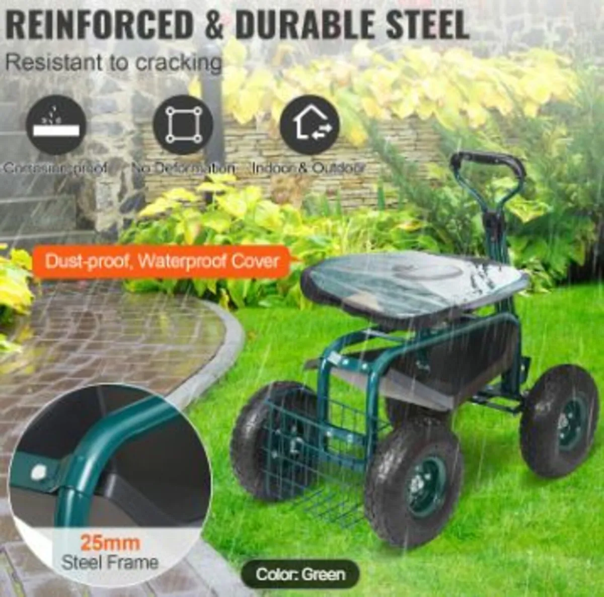 Garden Cart Rolling Workseat with Wheels - Image 4