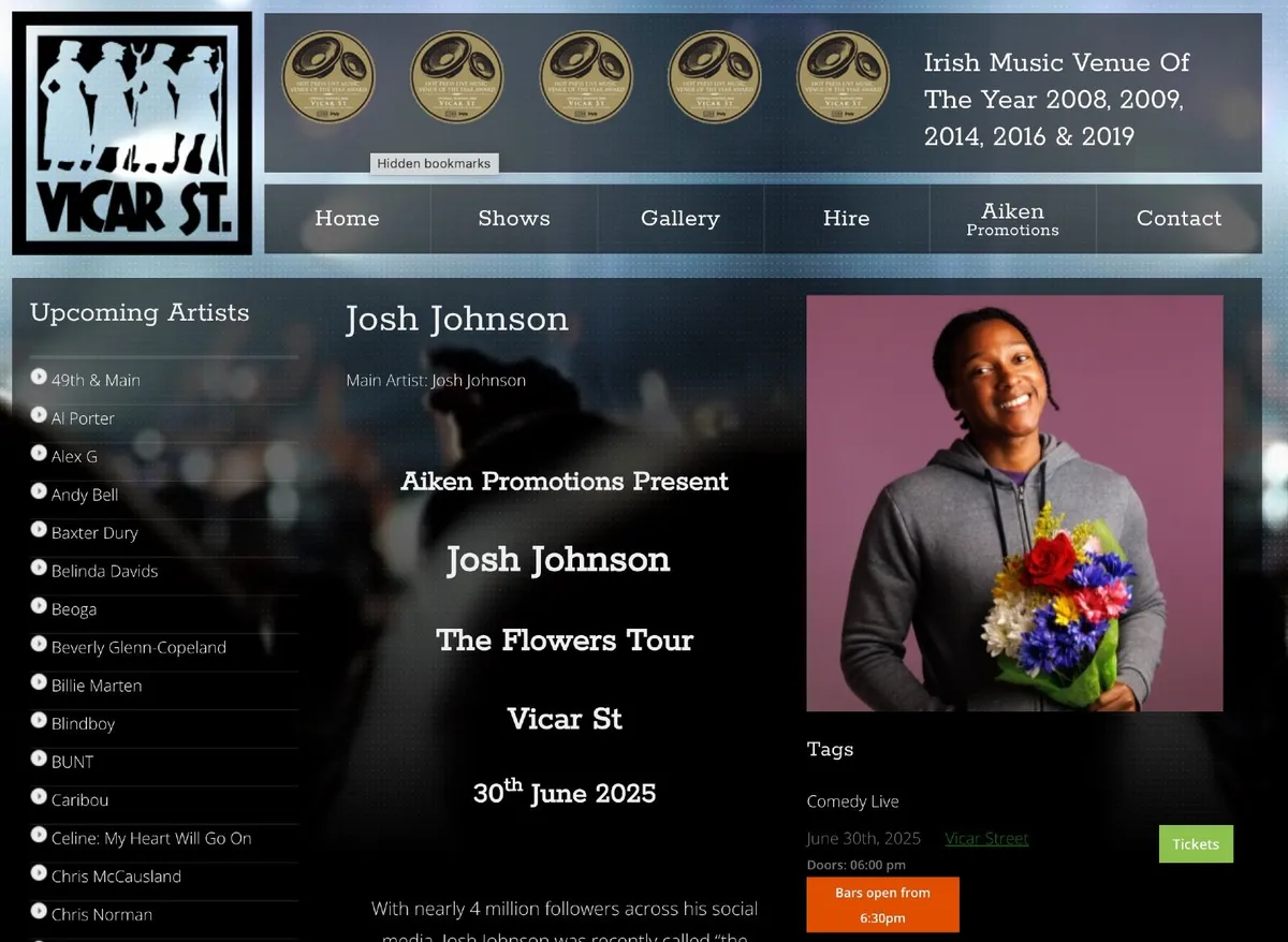 2 tickets for Josh Johnson - Vicar street - Image 1