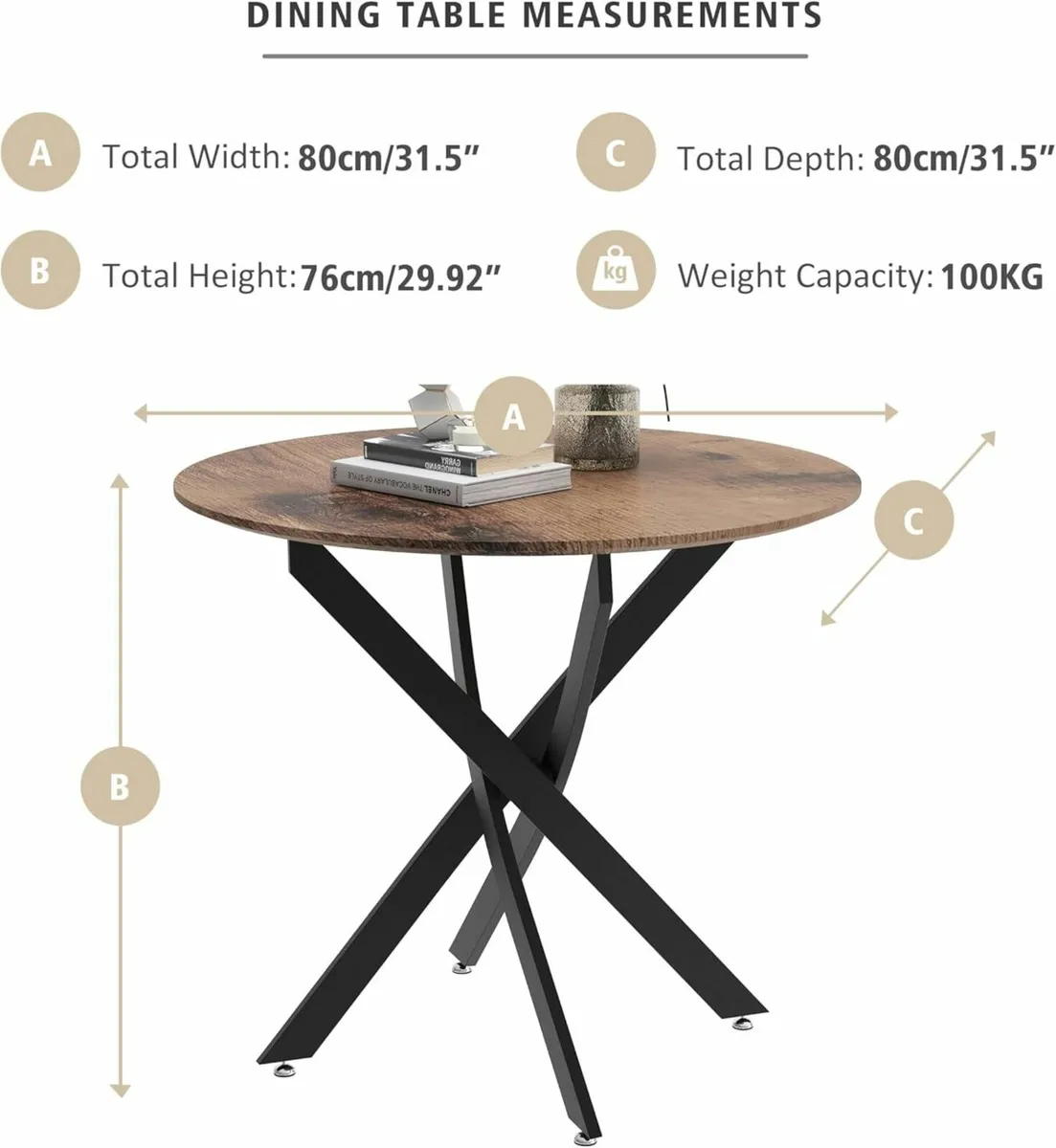 Round Dining Table for 2, 80cm Retro Kitchen Table - Image 2