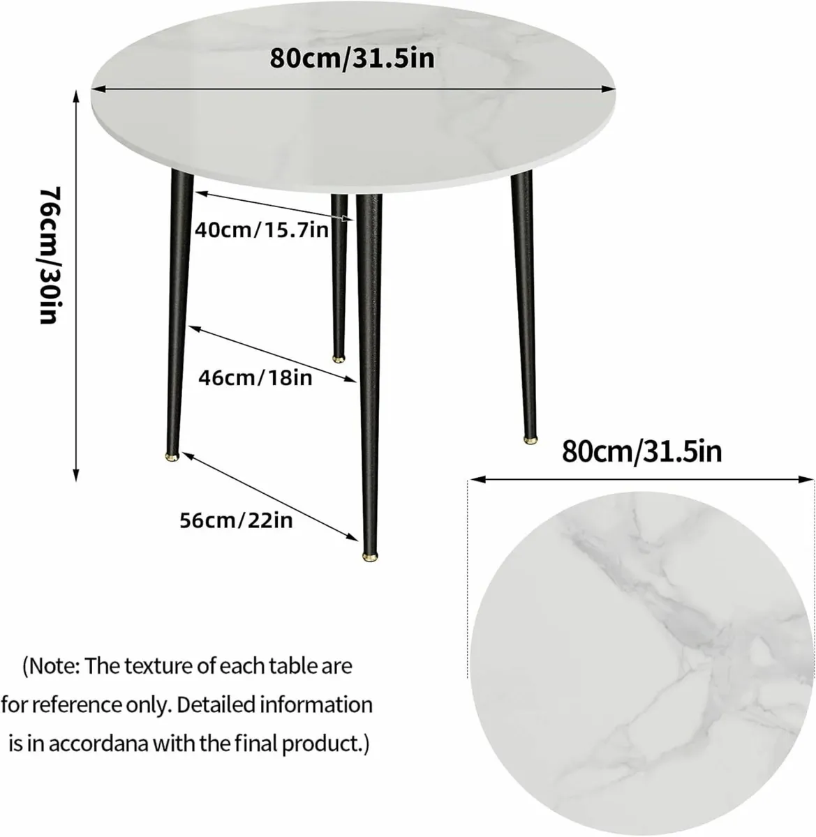 Kitchen Dining Table Marble Tabletop Round 80cm - Image 2