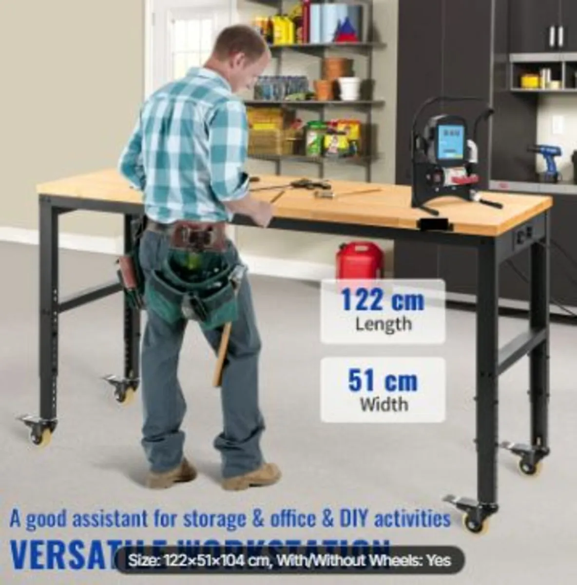 Workbench Adjustable Height, 122cm W X 51cm D X 1 - Image 2