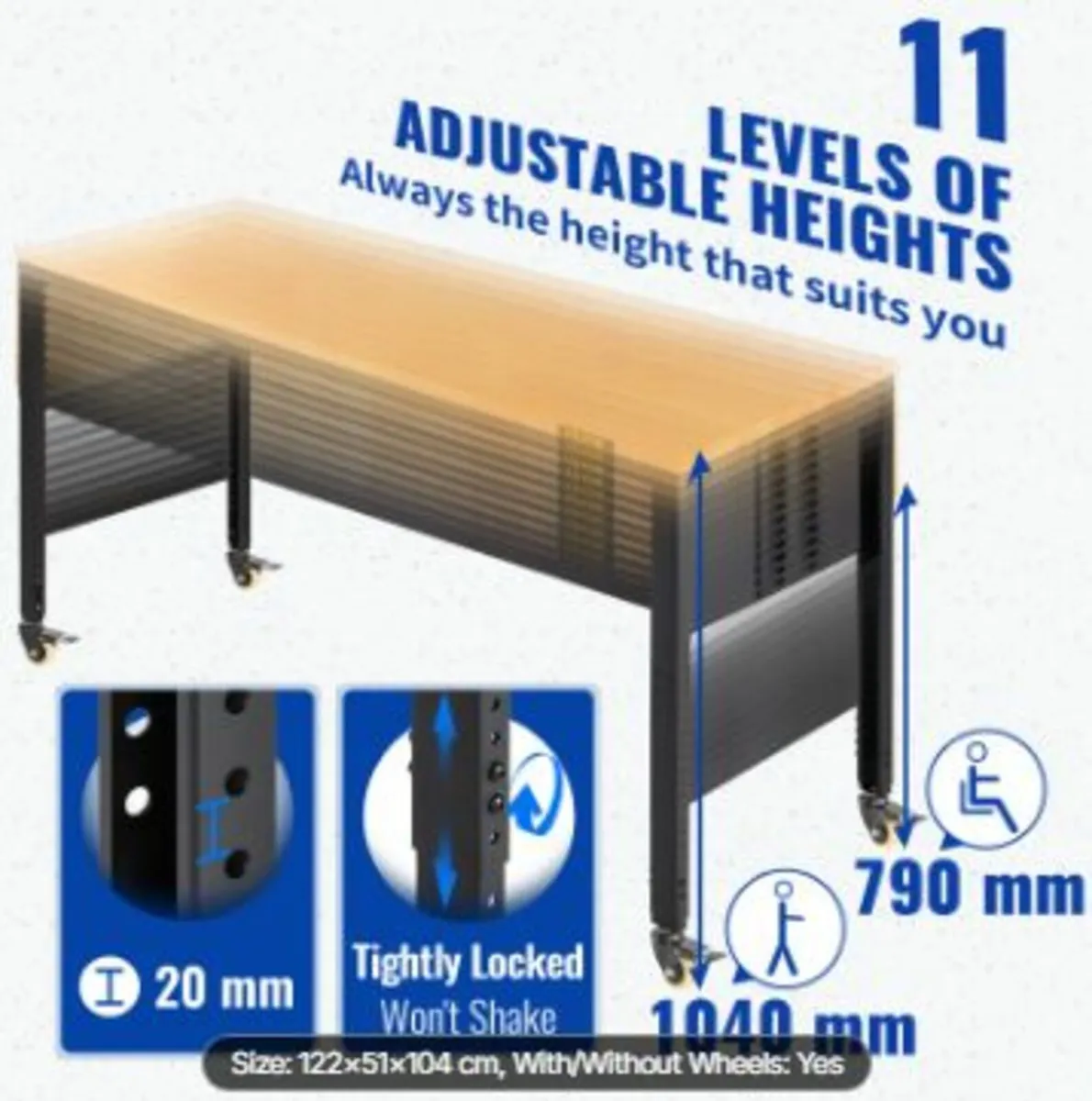 Workbench Adjustable Height, 122cm W X 51cm D X 1 - Image 3