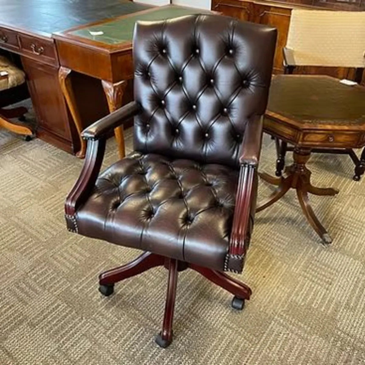 Mahogany brown leather high back directors chair