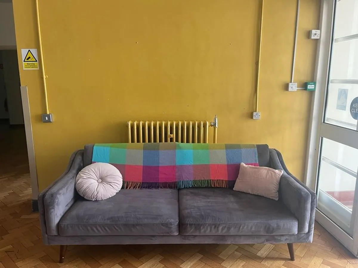 Three seated sofa - gray, velvet look material. Very comfortable and easy to care for. - Image 1