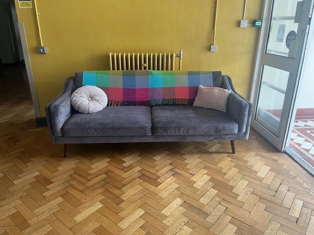 Three seated sofa - gray, velvet look material. Very comfortable and easy to care for. - Image 4