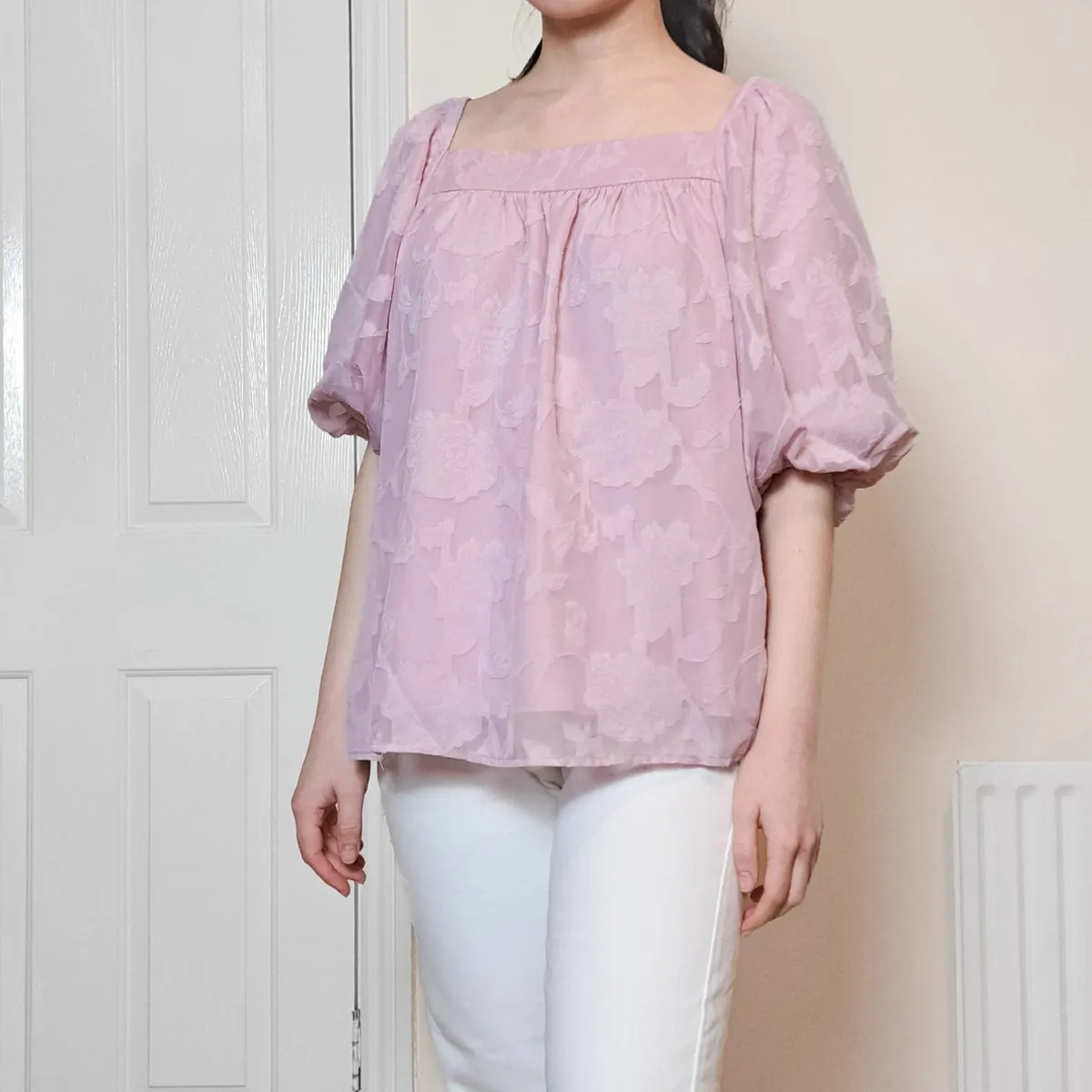 Pink Floral Puffy Sleeves Blouse Size S/M - Image 2