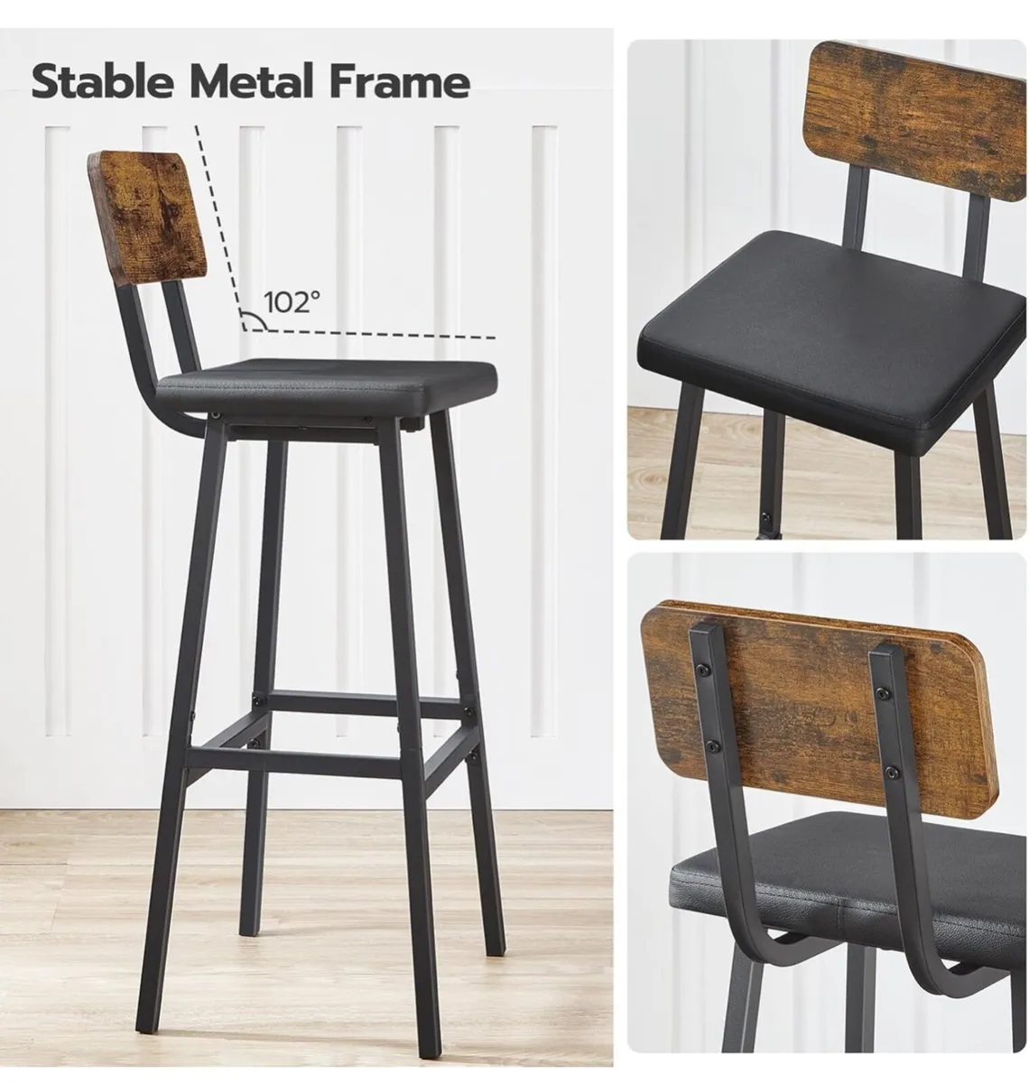 Bar Stools Set of 2, PU Upholstered Breakfast Bar - Image 3