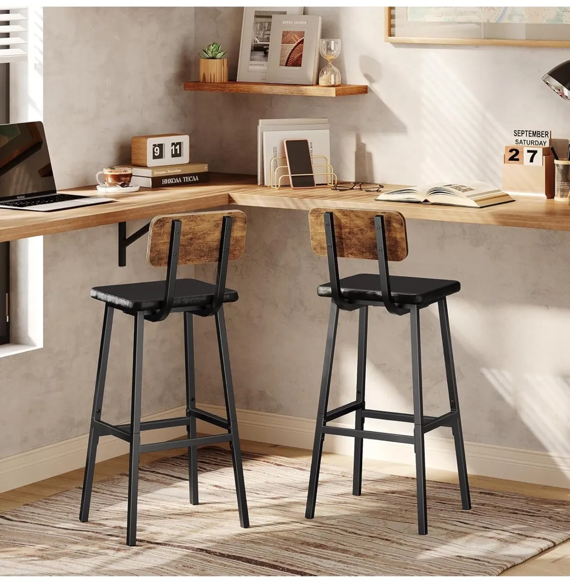Bar Stools Set of 2, PU Upholstered Breakfast Bar - Image 4