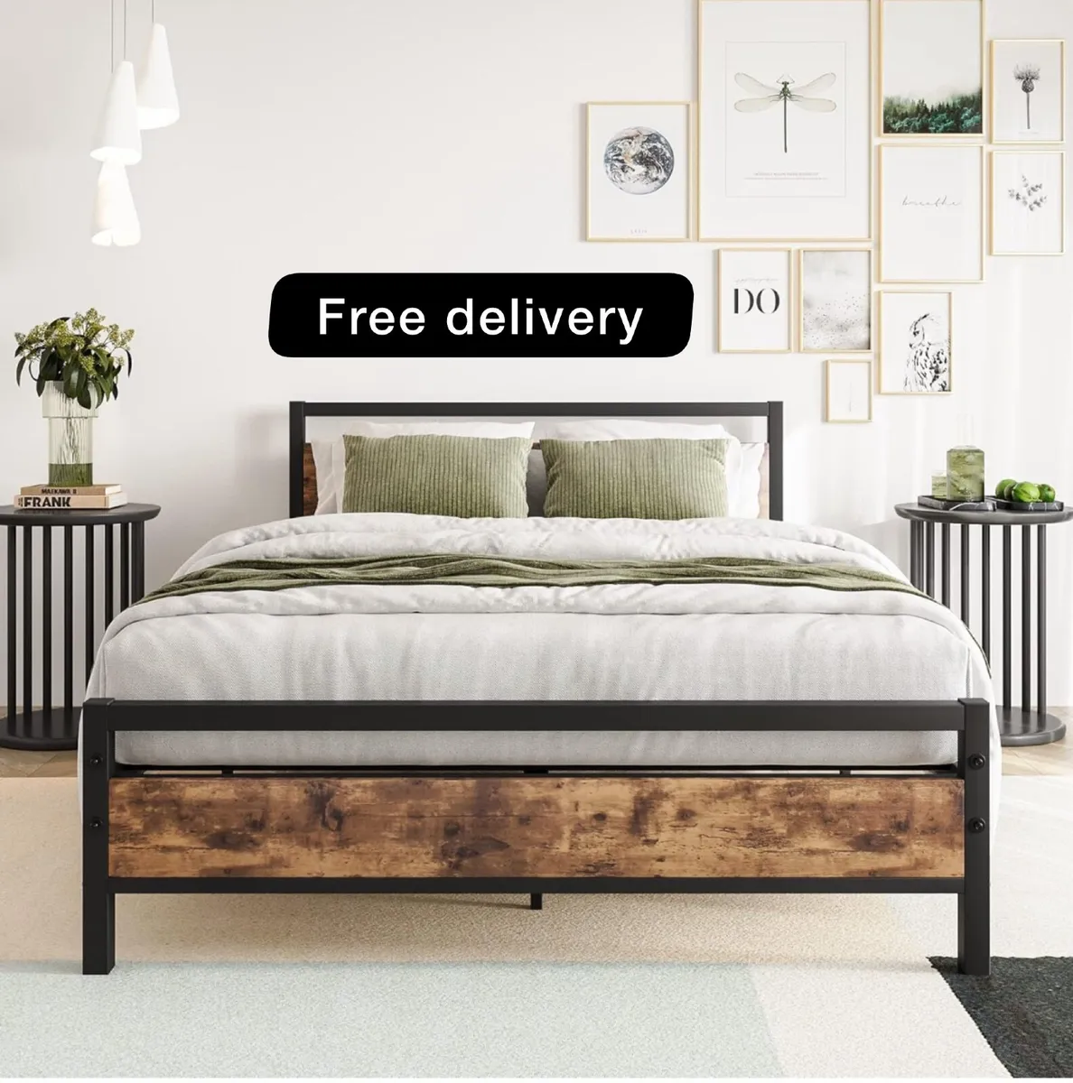 Double Bed Frames with Wood Headboard,Heavy Duty M - Image 1