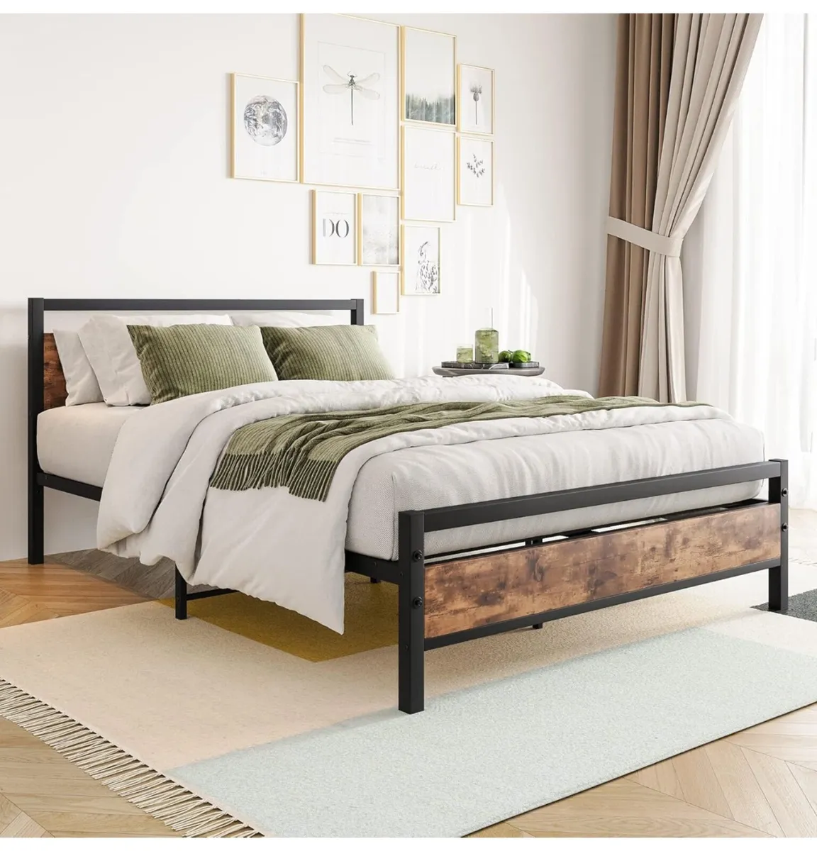 Double Bed Frames with Wood Headboard,Heavy Duty M - Image 1