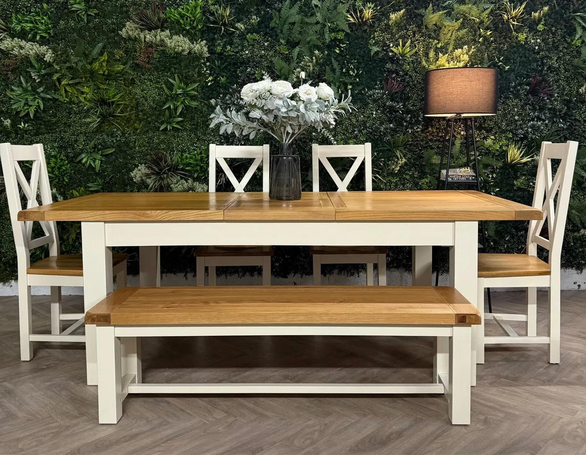 Large extending oak kitchen table,4 chairs & bench - Image 2