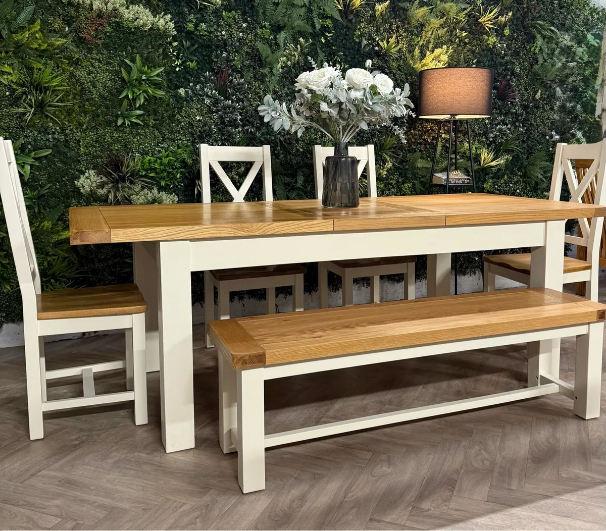 Large extending oak kitchen table,4 chairs & bench - Image 3