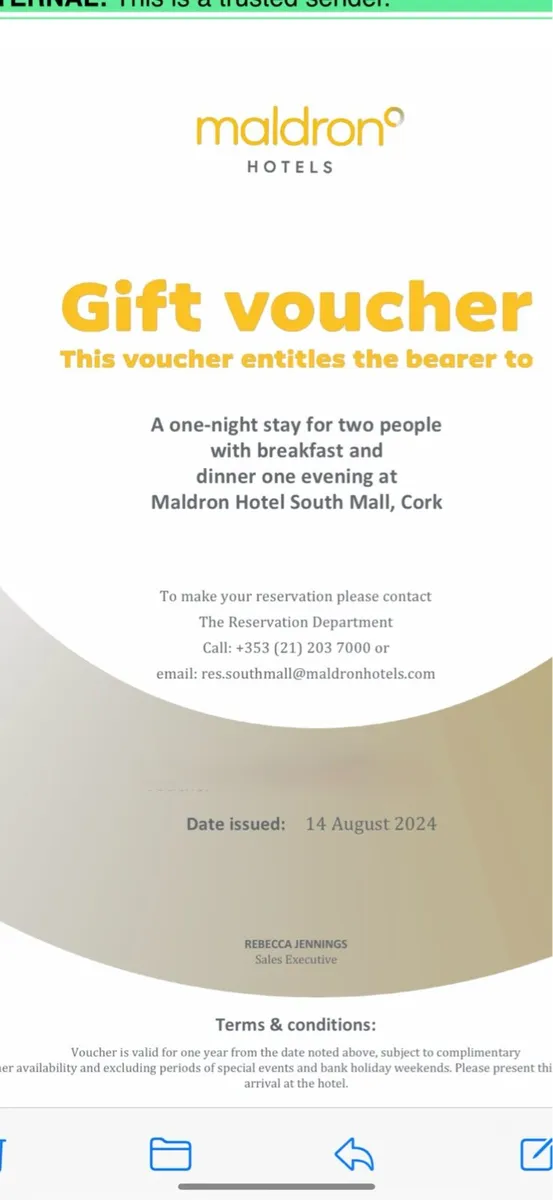 One Night stay B&B Evenin Meal Maldron Hotel Cork