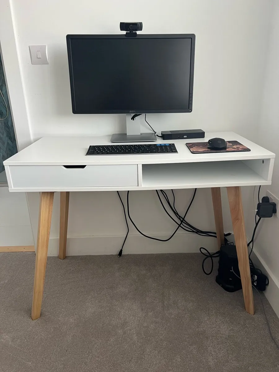 Office White Desk with Wooden Legs - Image 1