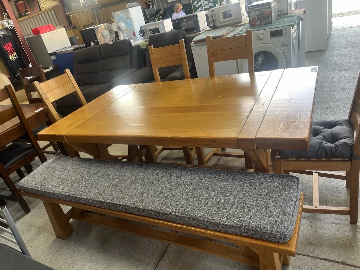 Oak table and 4 chairs and bench - Image 3