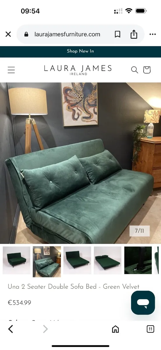 2 seater double sofa bed - green velvet - Image 1