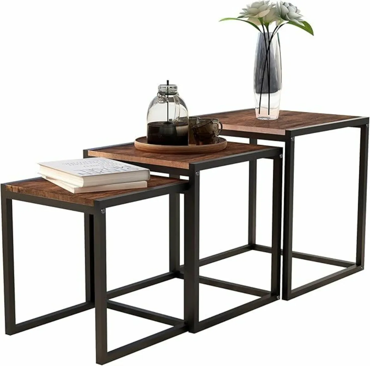 Set of 3 End Coffee Tables Metal Frame Brown - Image 2