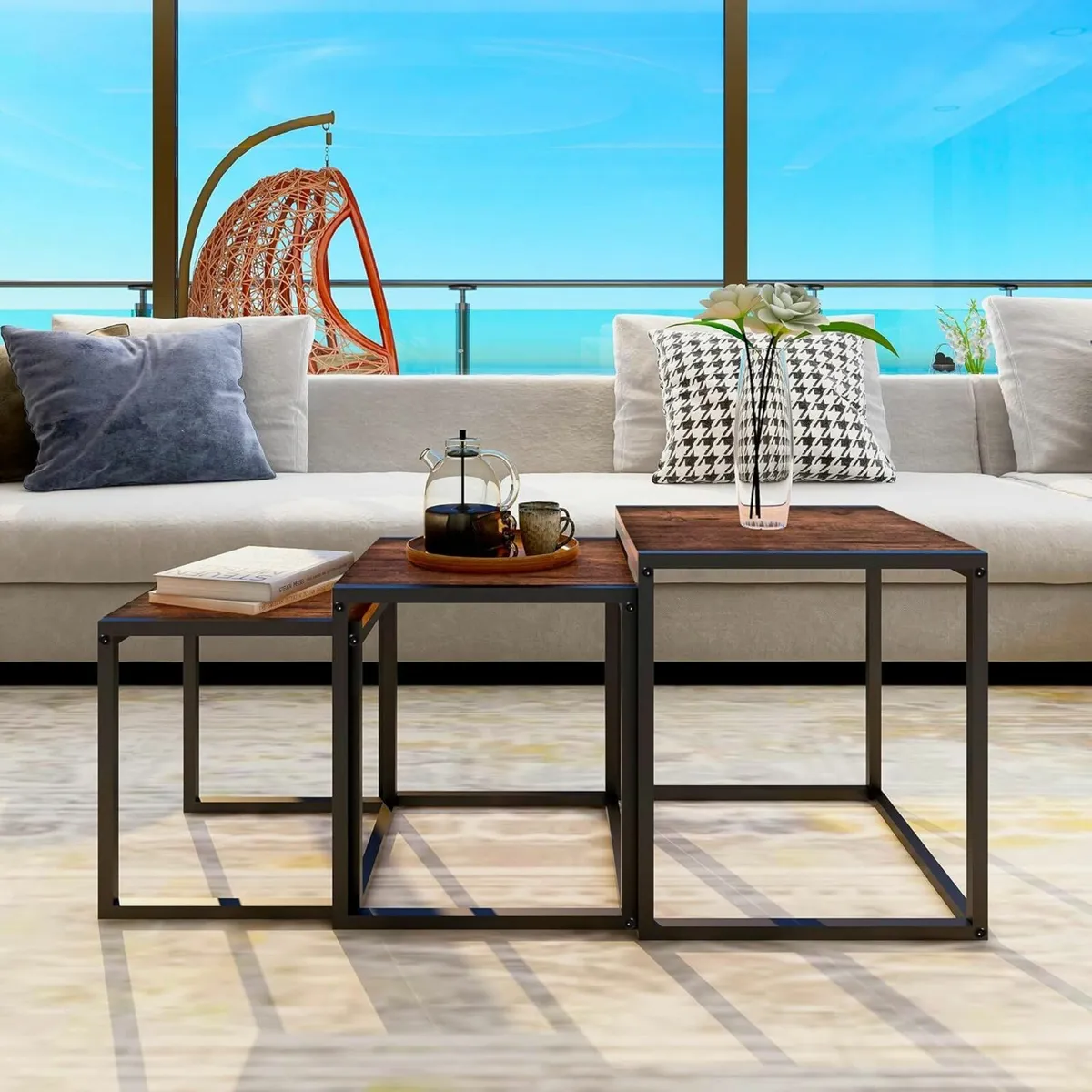 Set of 3 End Coffee Tables Metal Frame Brown - Image 3