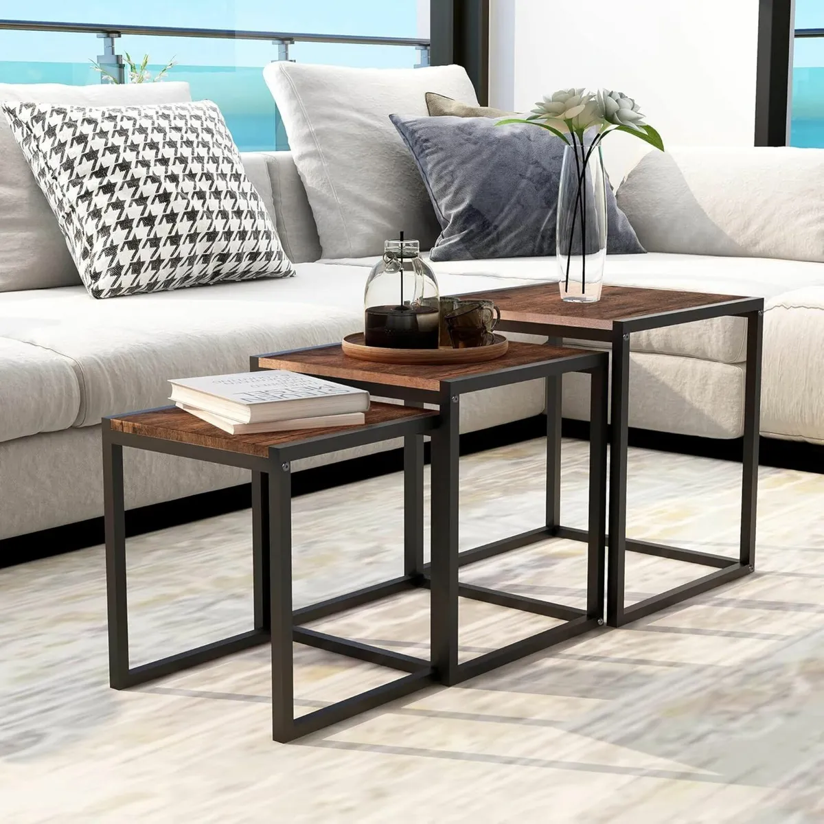 Set of 3 End Coffee Tables Metal Frame Brown - Image 4