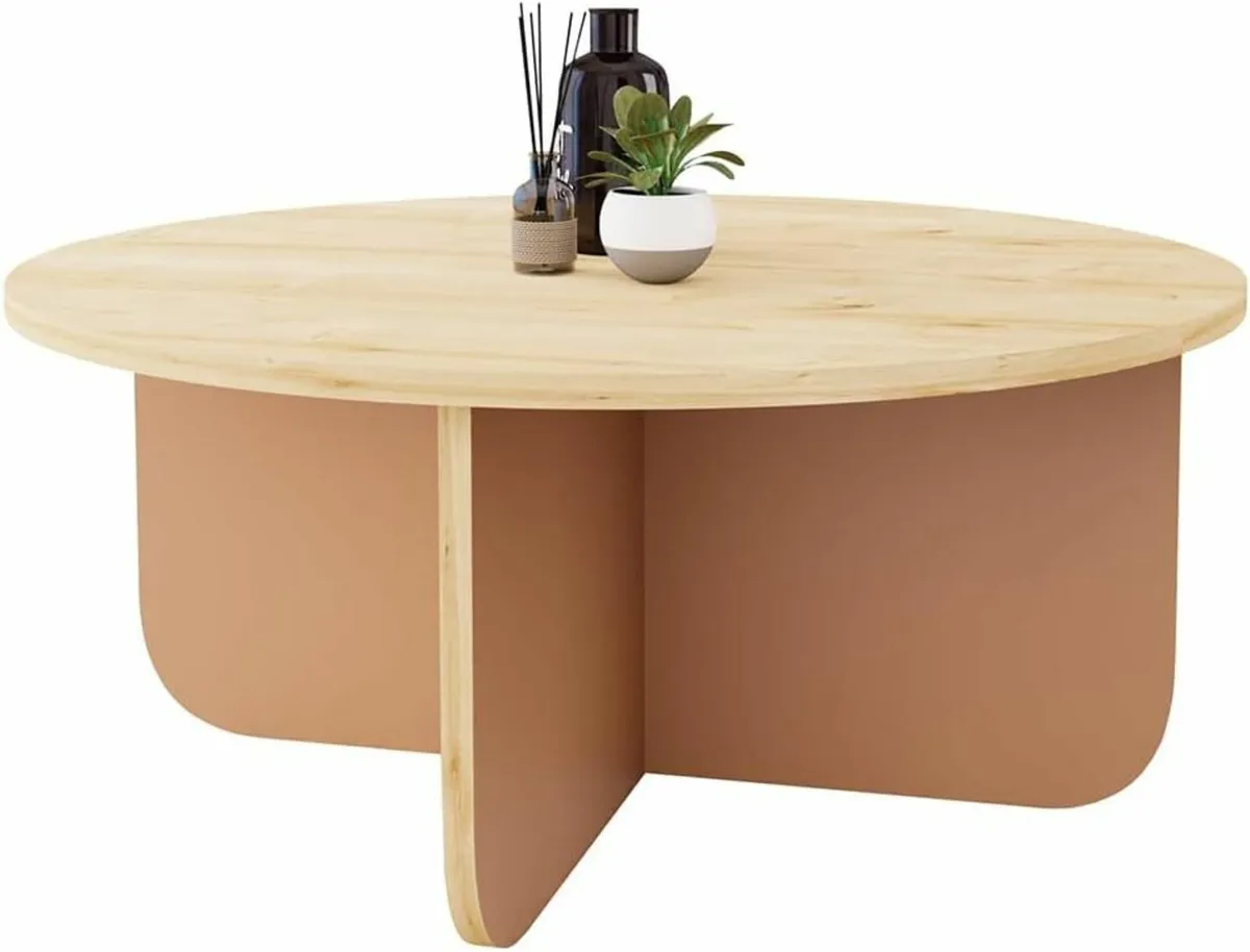 Oak & Terracotta Round Coffee Table - 80cm - Image 4