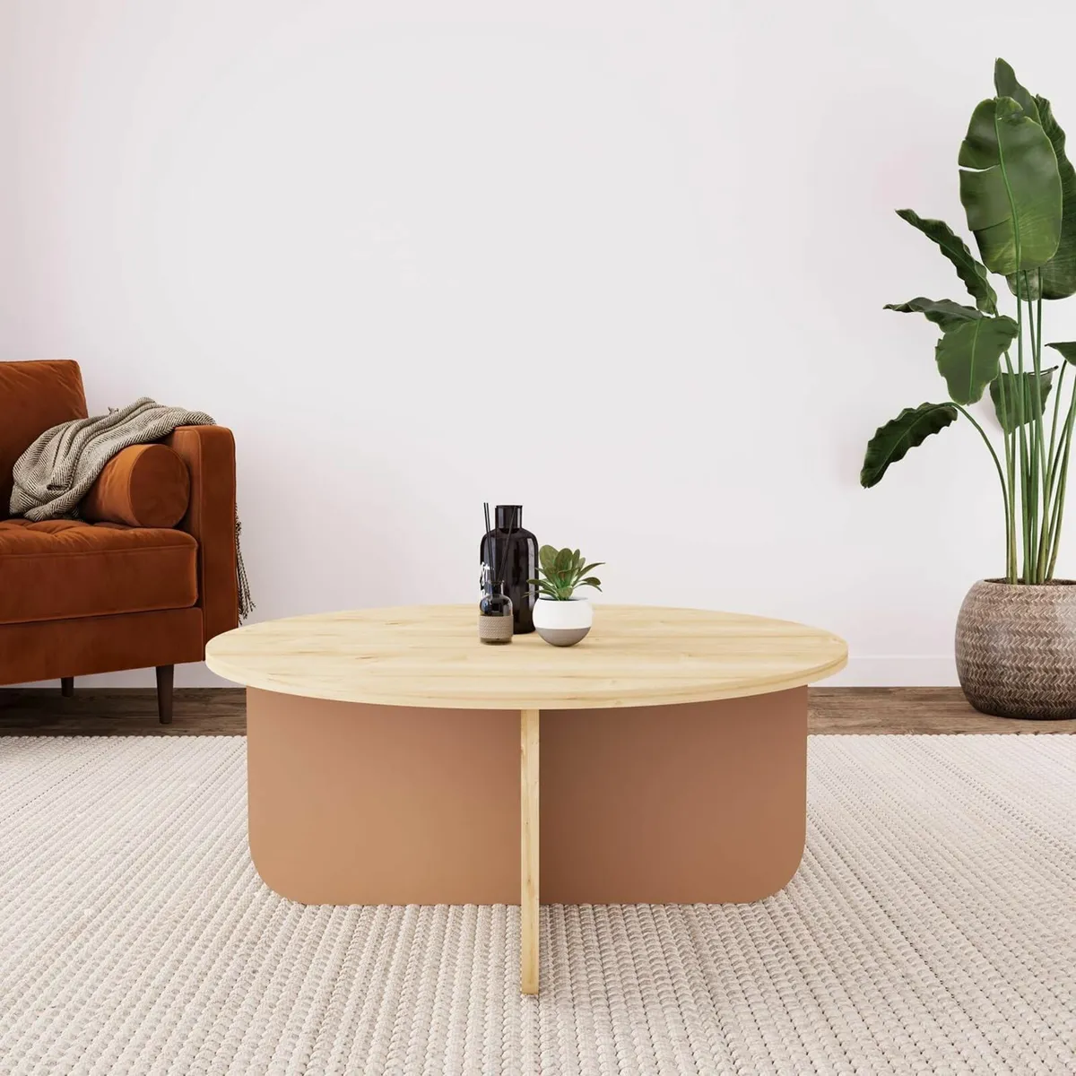 Oak & Terracotta Round Coffee Table - 80cm - Image 1