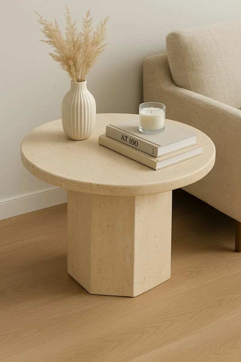 Small Beige Side Table Modern Marble-Effect Magnes - Image 1