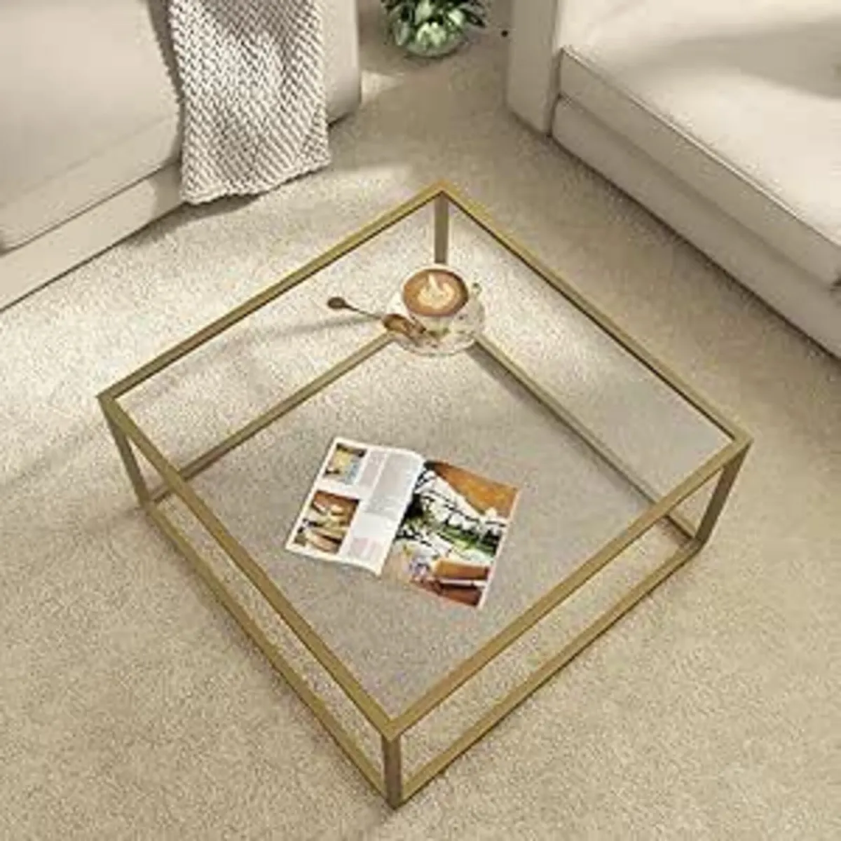 Gold Coffee Table Glass Modern Living Room Office - Image 2