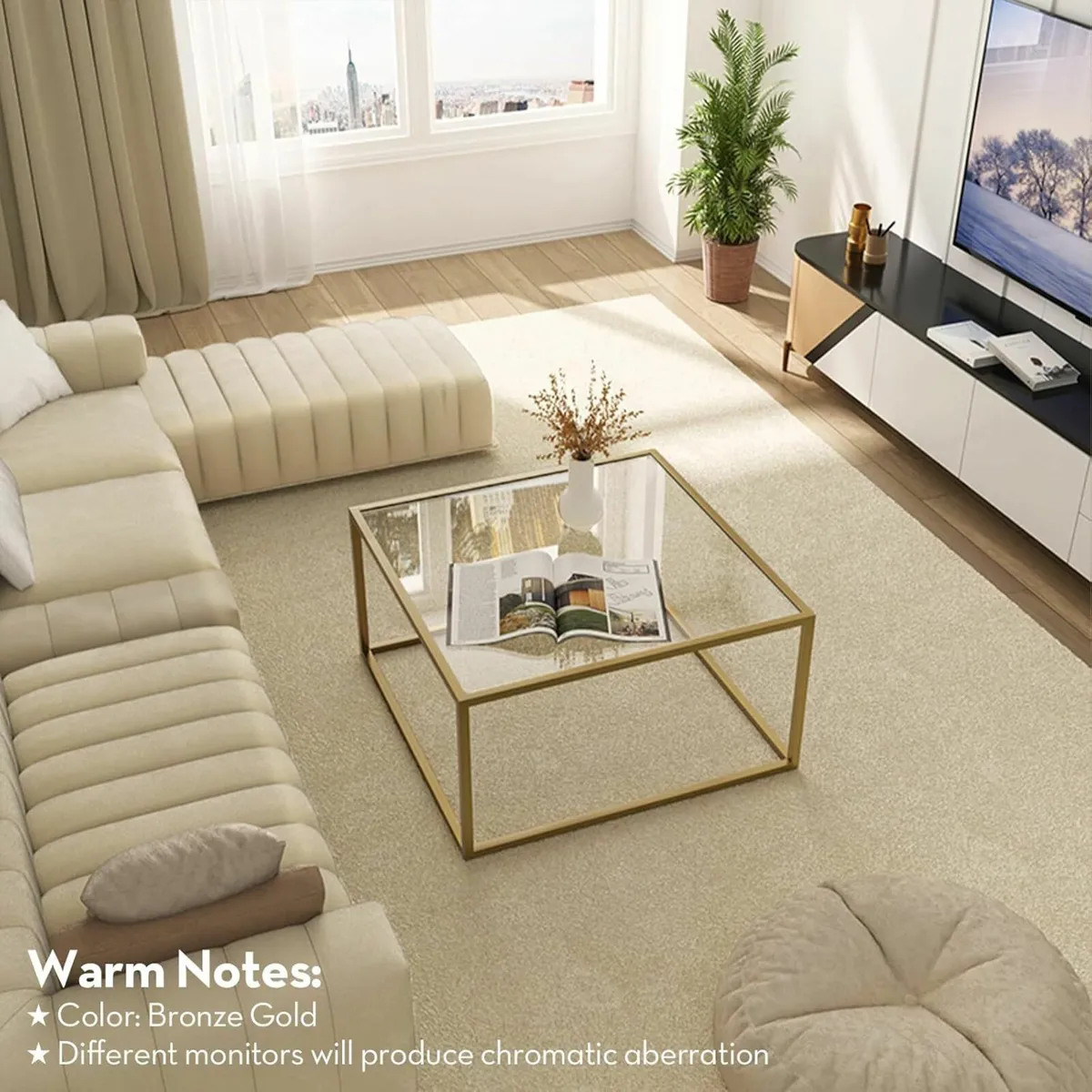 Gold Coffee Table Glass Modern Living Room Office - Image 3