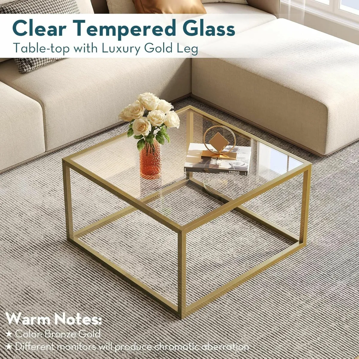 Gold Coffee Table Glass Modern Living Room Office - Image 1