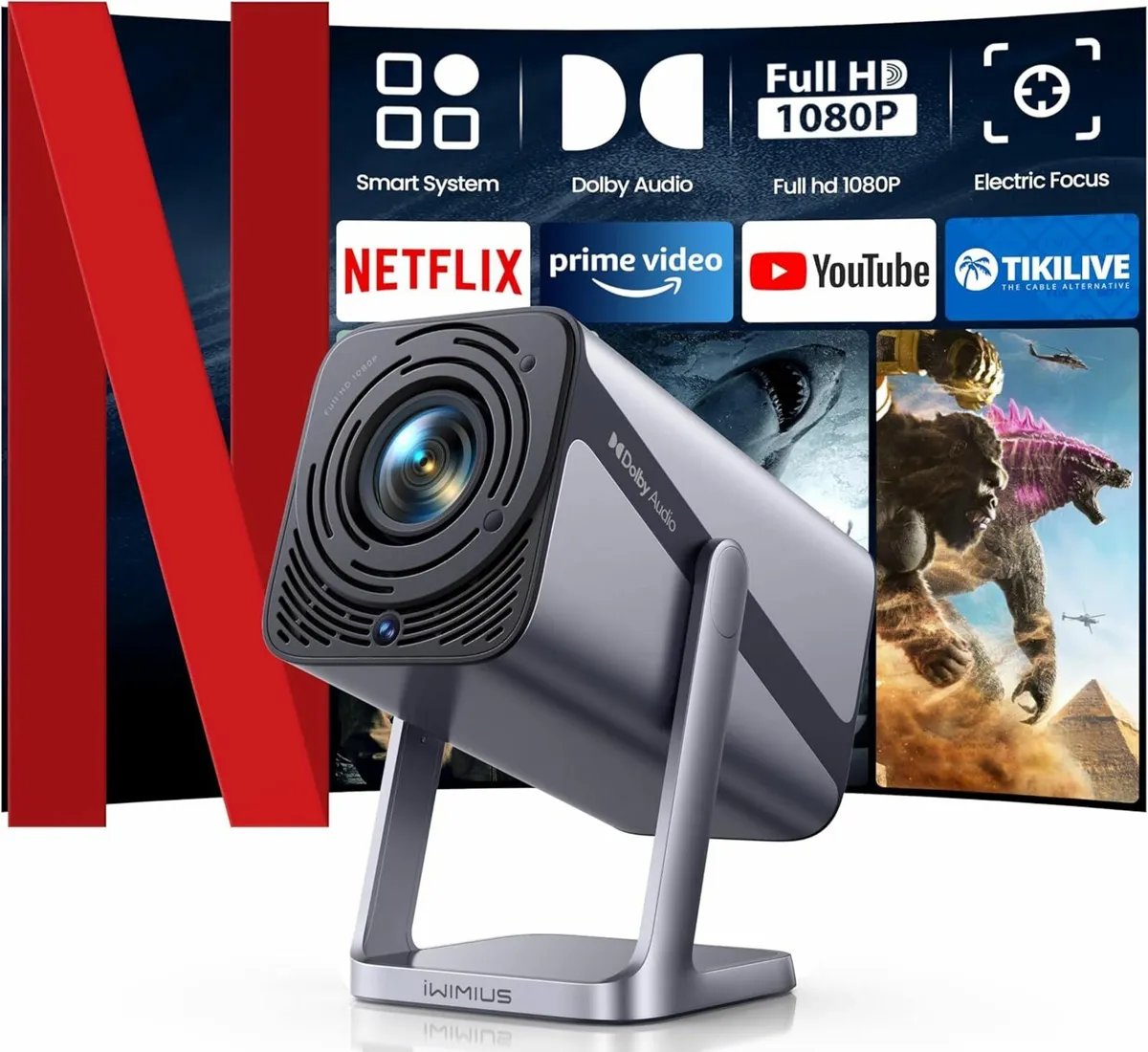 Netflix Projector, Smart FHD 1080P Portable black - Image 1