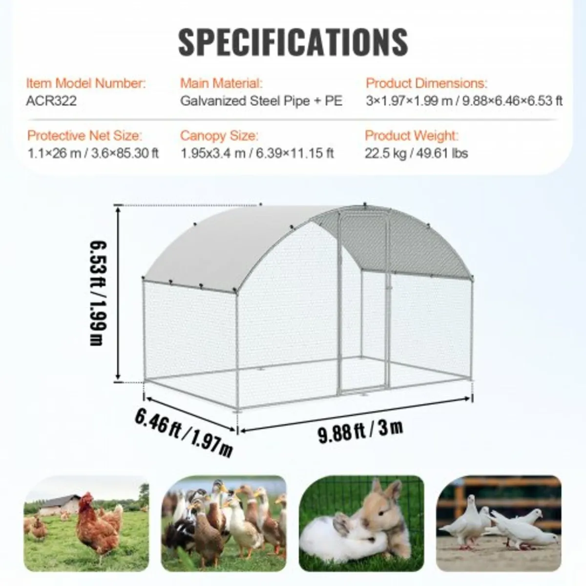 Chicken Coop, 3x1.97x1.99 m Walk-in Large Metal Ch - Image 4