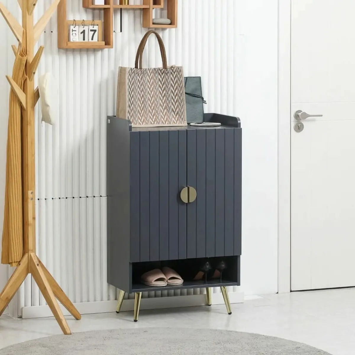 Shoe Cabinet with 2 Doors, Open Shelf and Adjustab - Image 3