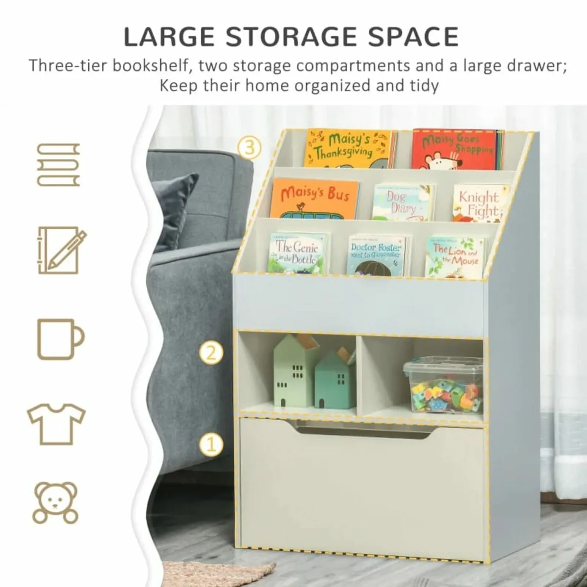 Kids Bookshelf, Toy Organiser, with Storage Drawer - Image 4