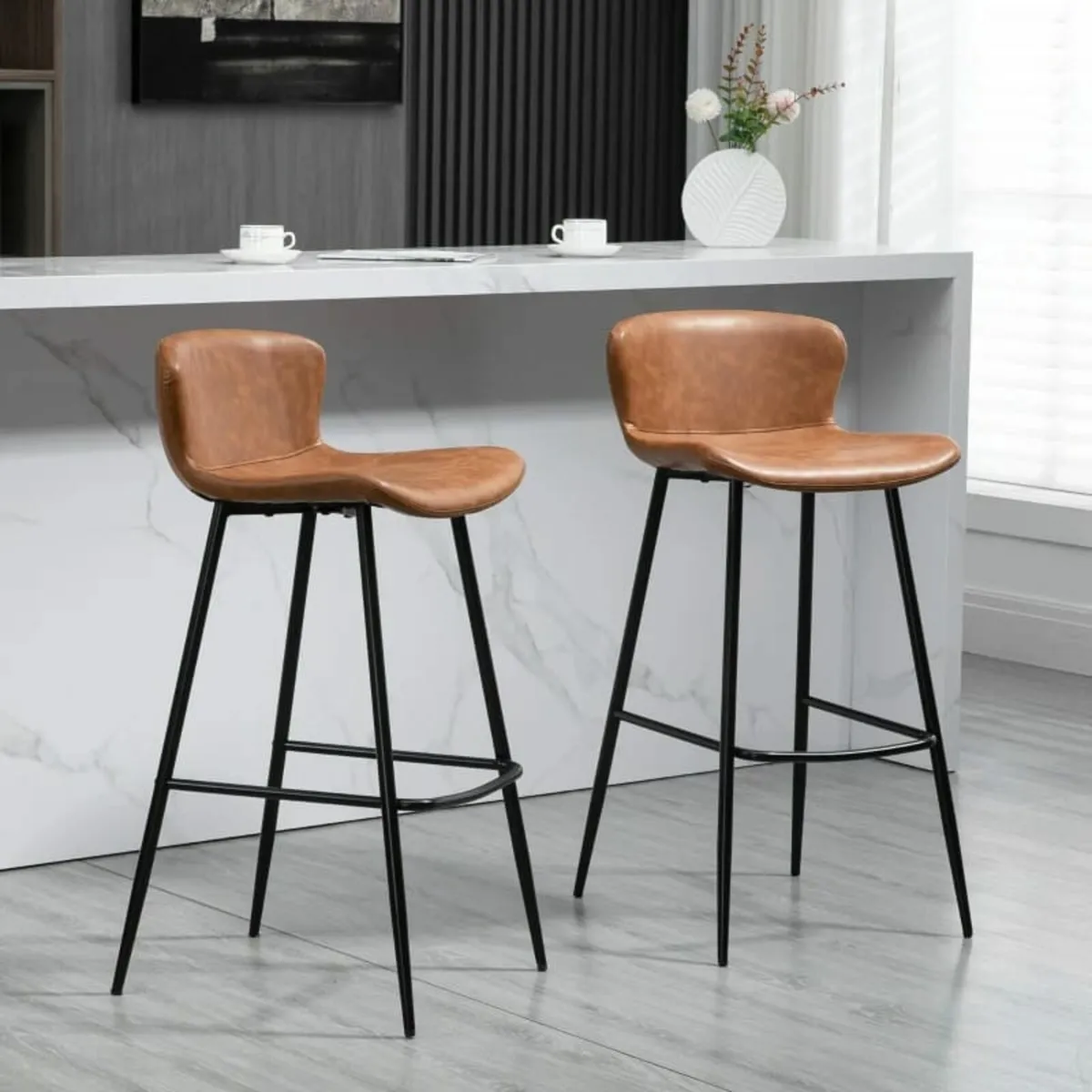 Stools Set of 2, PU Leather Upholstered Bar Chairs - Image 1