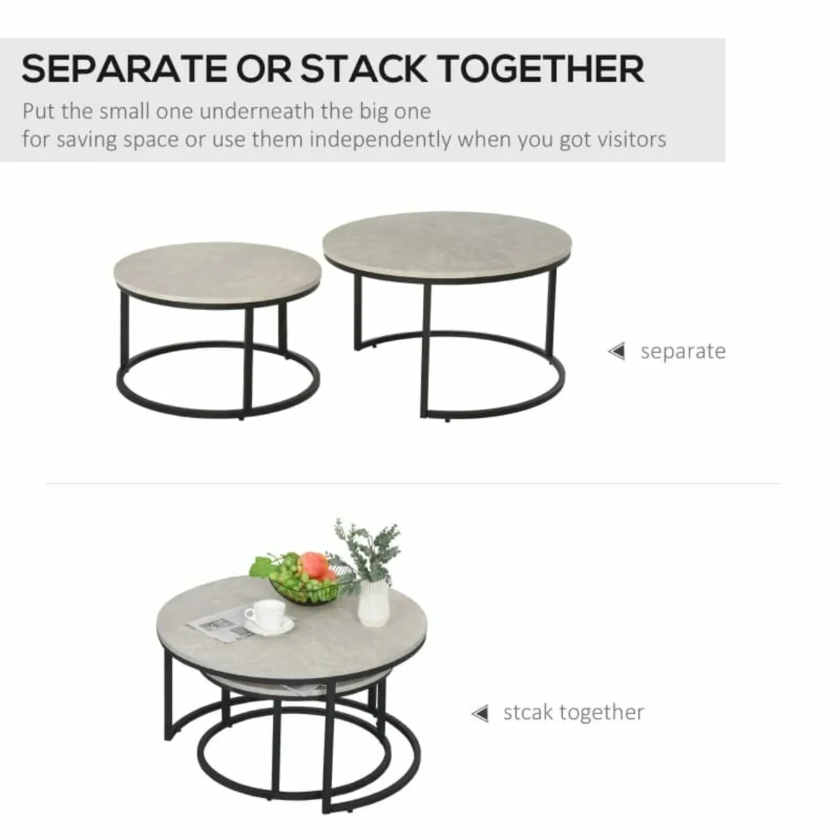 Set of Two Marble-Effect Stacking Tables - Wood Gr - Image 4