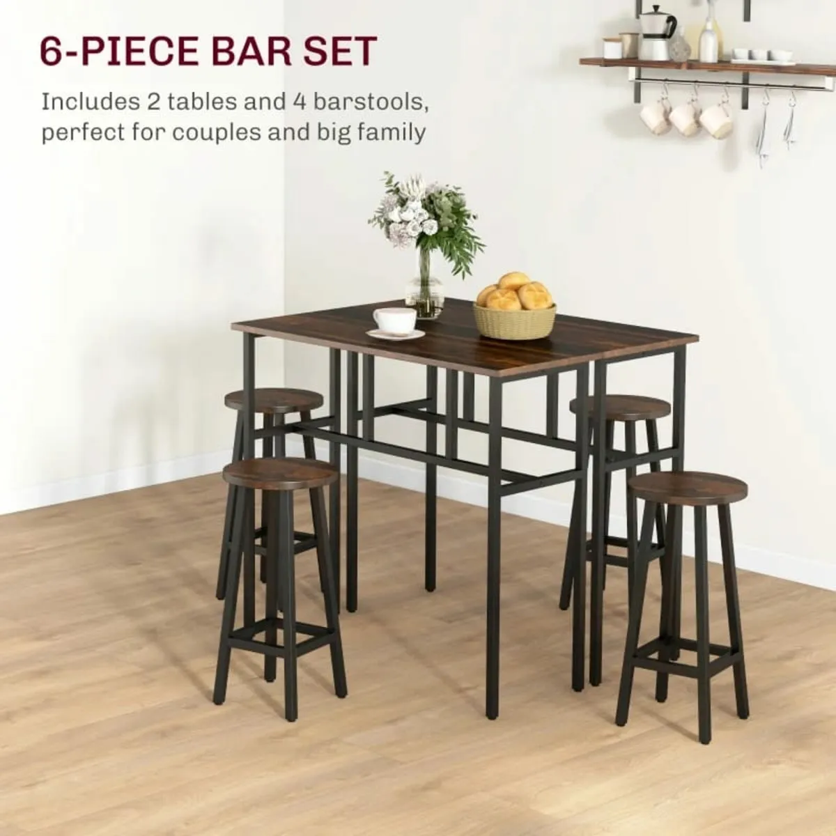 6-Piece Bar Table Set, 2 Breakfast Tables with 4 S - Image 2