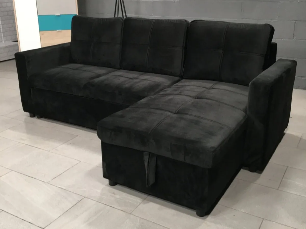 Black Velvet Corner Sofa Bed with Storage - Image 1