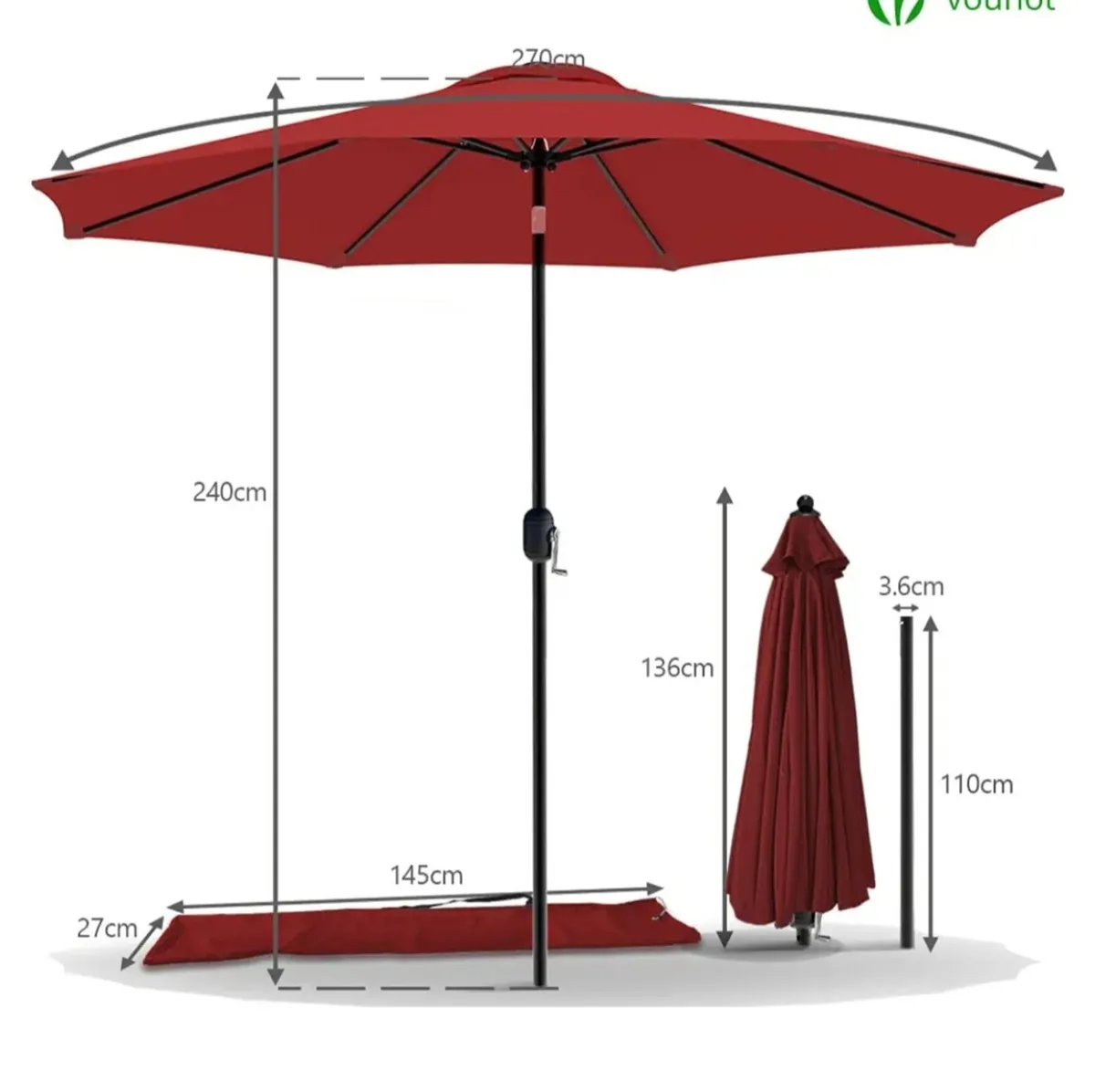 VOUNOT 2.7m Garden Parasol, Outdoor Table Tilting - Image 4
