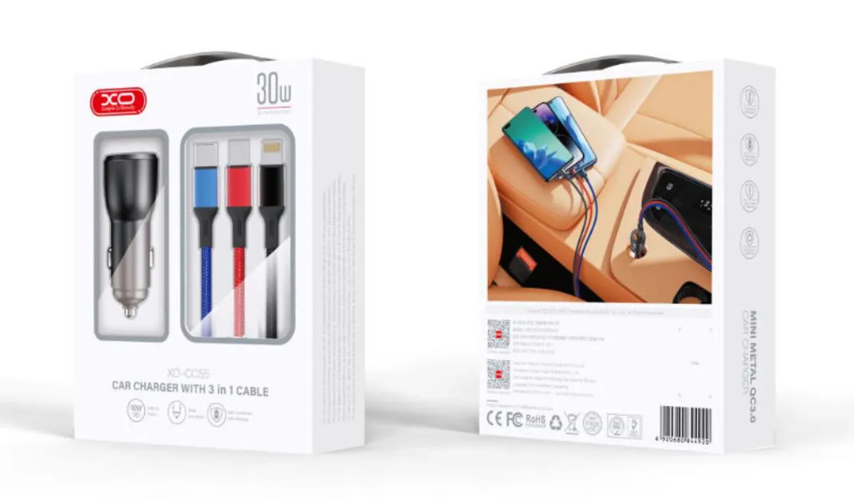 XO Dual USB Car Charger – 30W w/ 3-in-1 Cable - Image 2