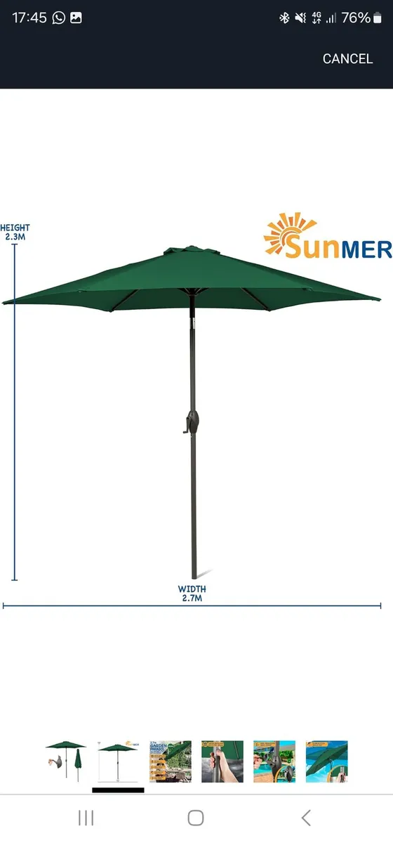 SUNMER 2.7M Green Parasol Garden Umbrella Sun Shad - Image 2
