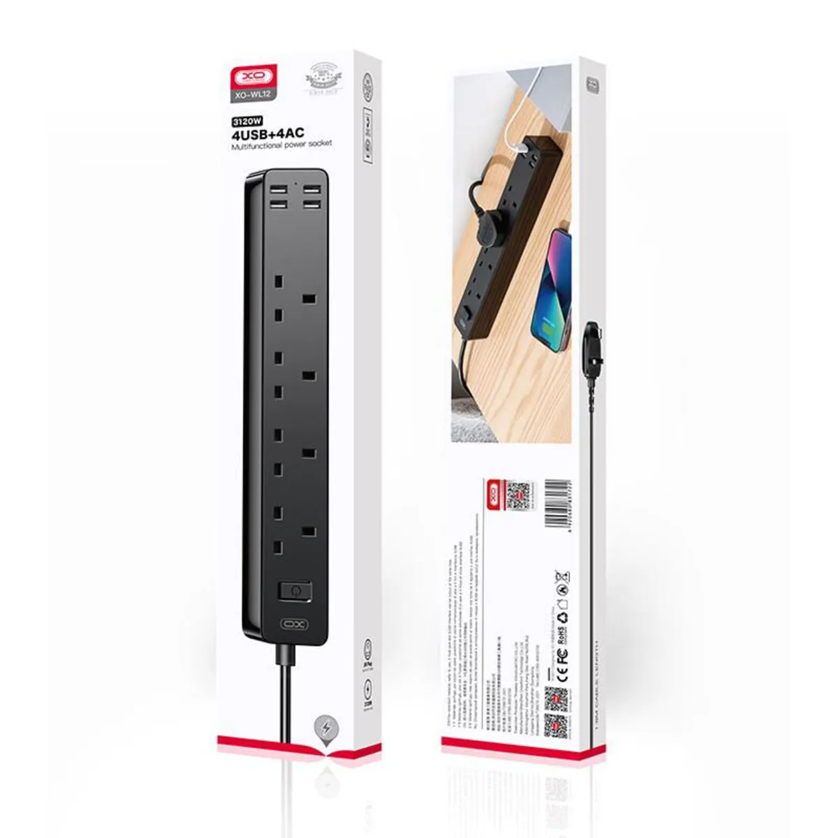 XO 4 USB Power Strip – 1.8m, Black - Image 2