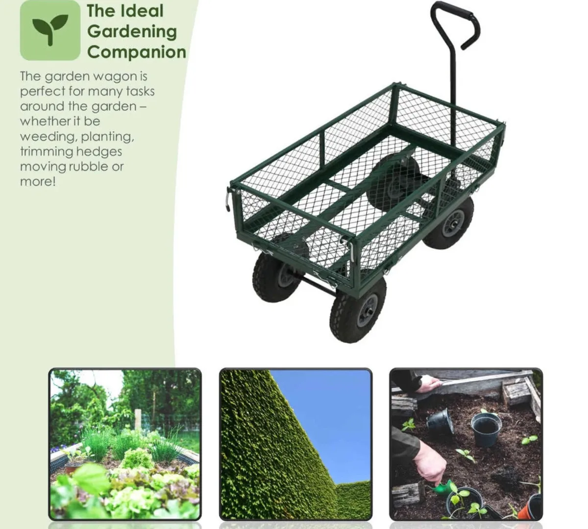 Heavy Duty Metal Green Garden Cart Utility Trolley - Image 4