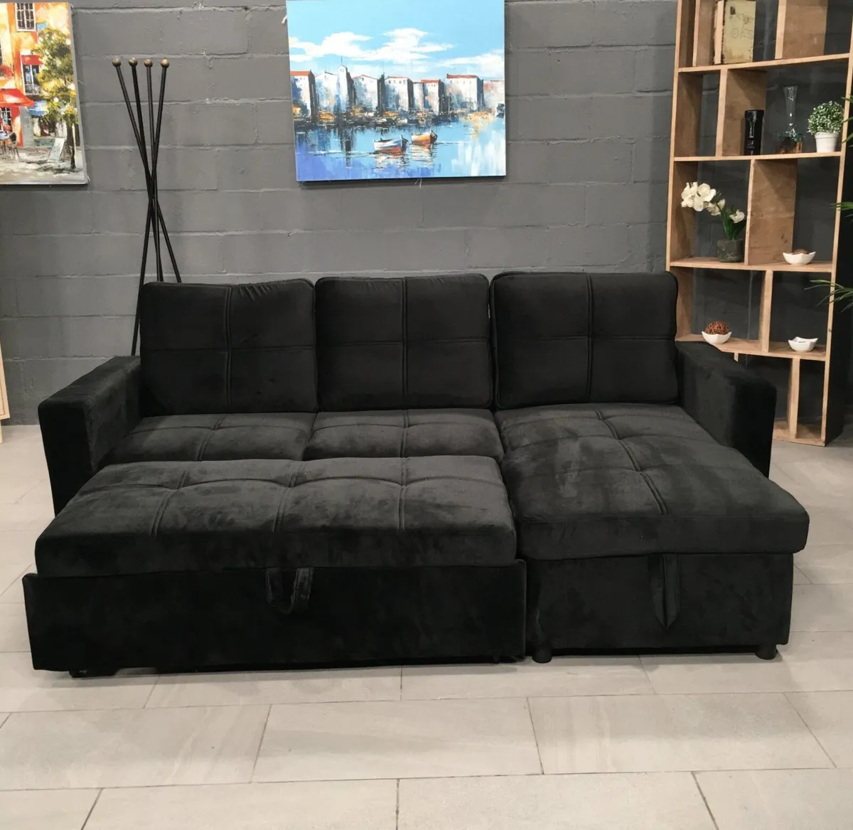 Luxury Black Velvet Corner Sofa Bed w/ Storage - Image 1