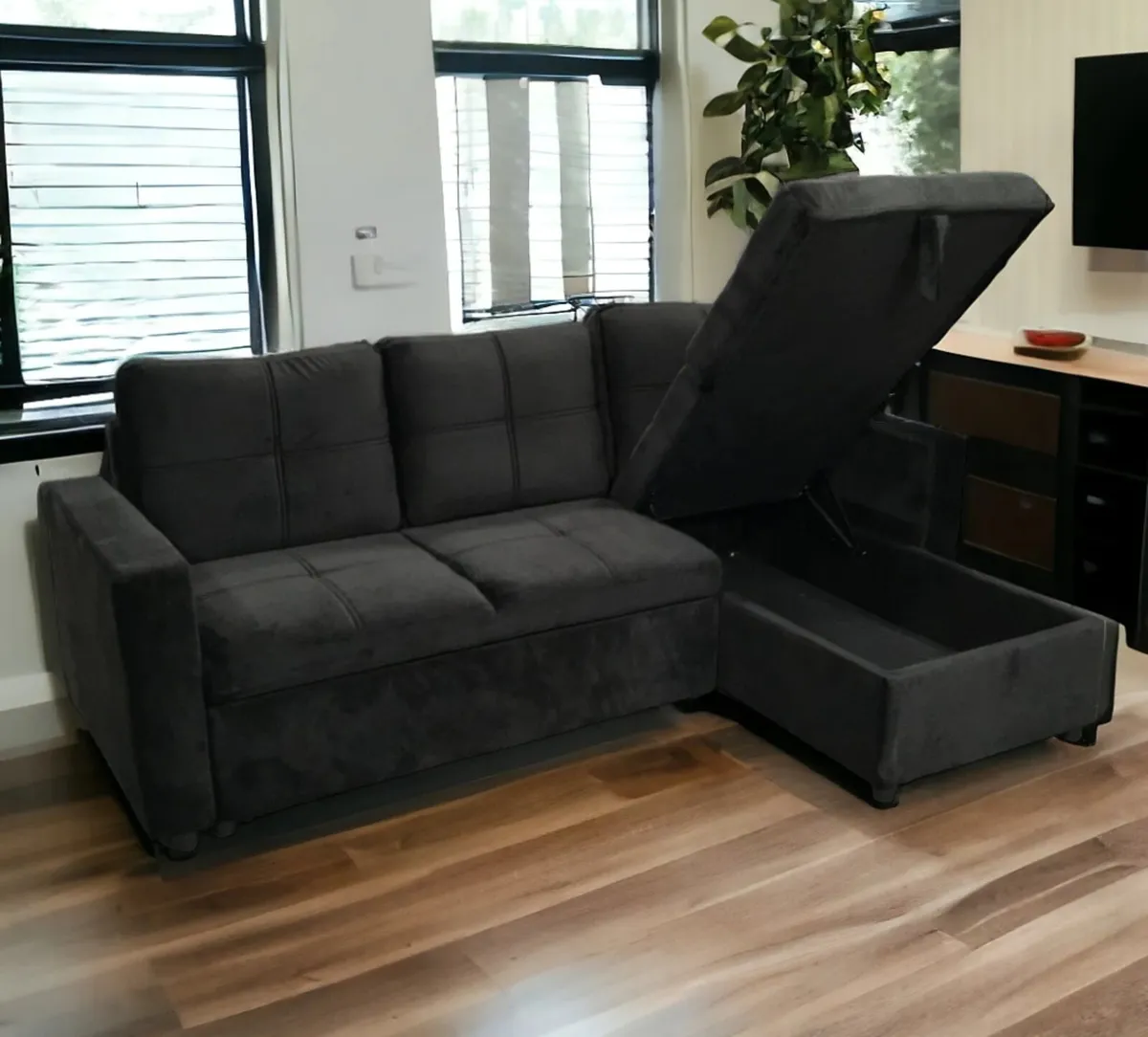 Luxury Black Velvet Corner Sofa Bed w/ Storage - Image 3