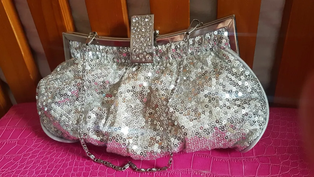 silver clutch with rhinestones and sequins - Image 3
